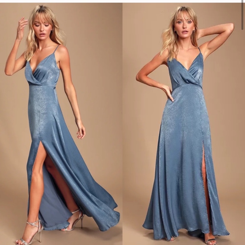Lulus | Constantine Slate Blue Satin Maxi Dress
